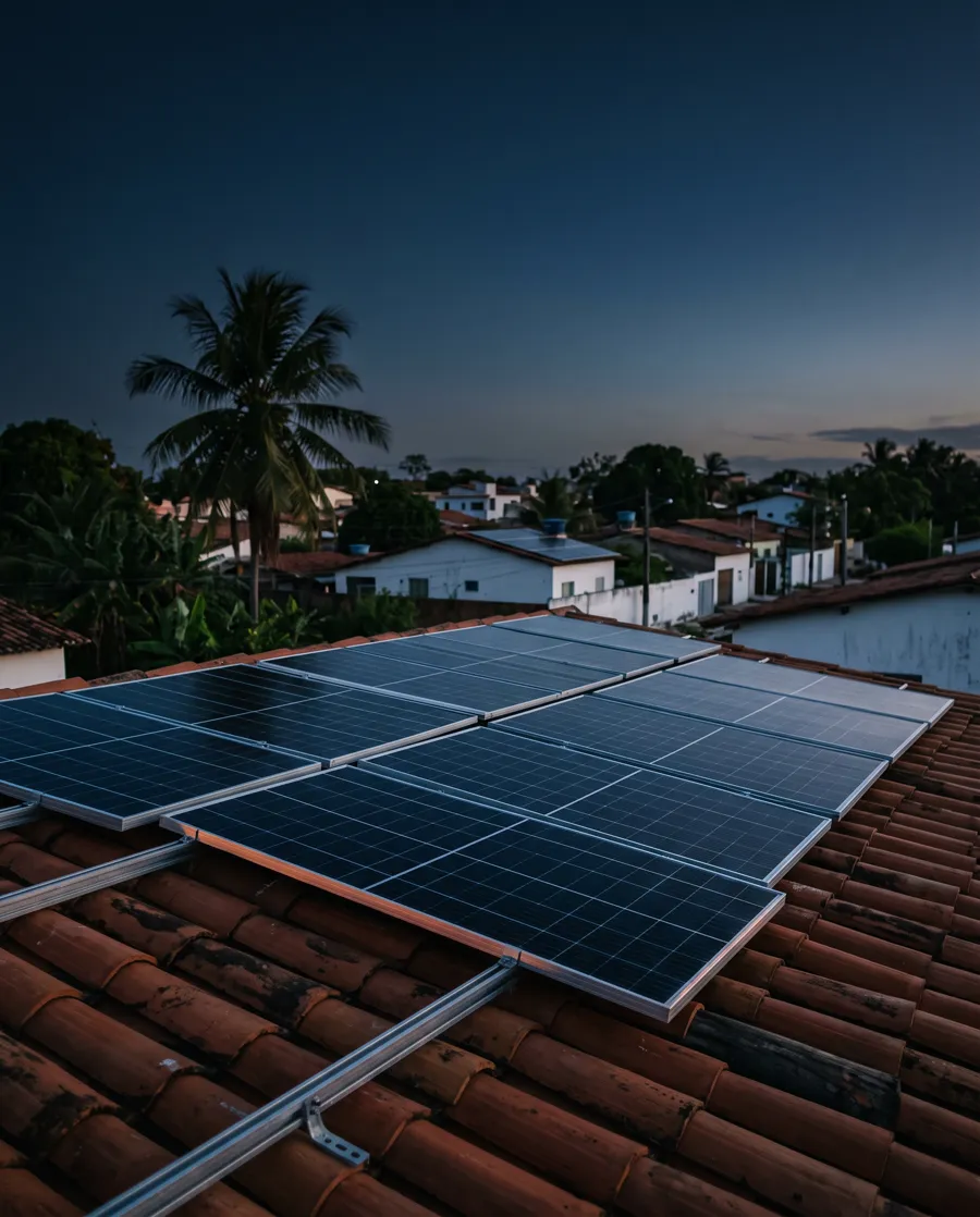 Telhado de casa no Rio Grande do Norte com painéis solares ao entardecer